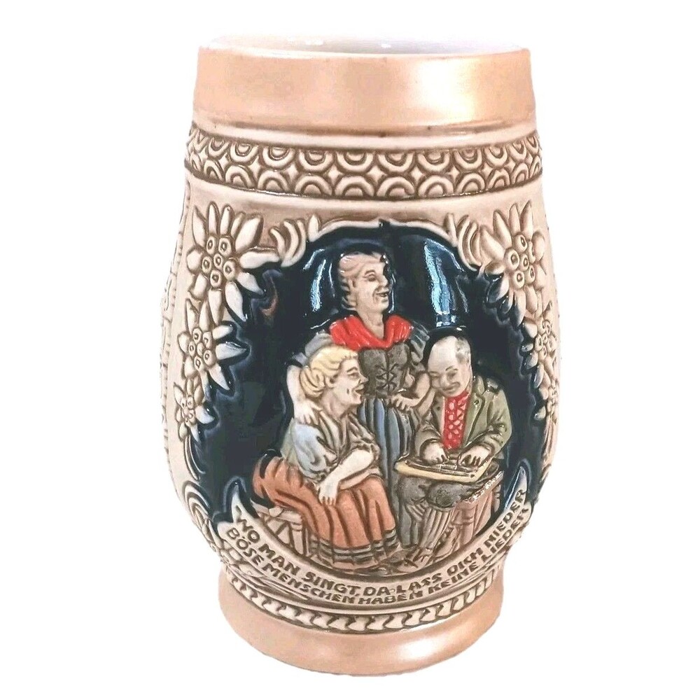 Vintage Ceramarte Brazil Beer Stein Relief Mug 6" German Tavern Scene Ceramic